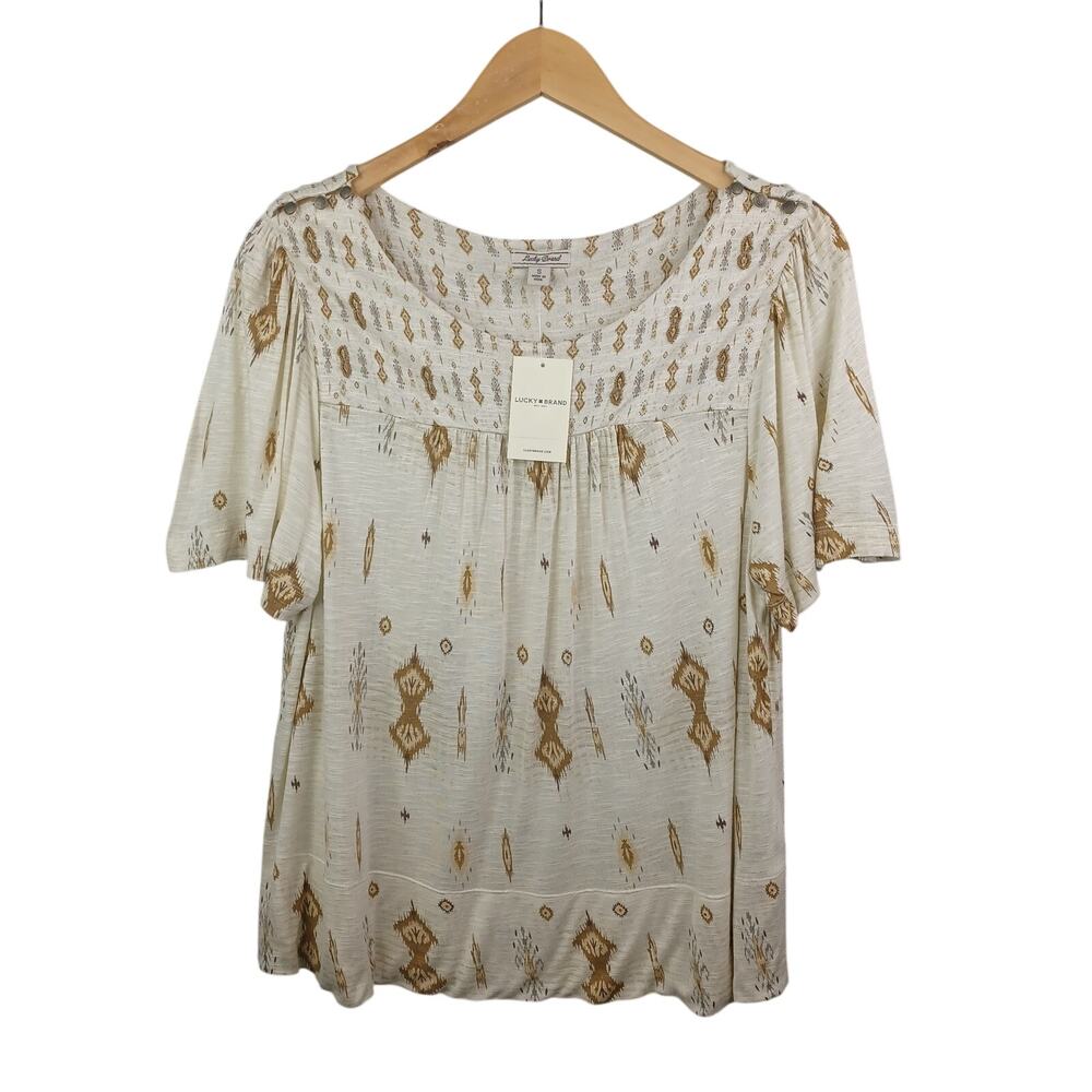 Lucky Brand Womens Boho Beaded Flutter Sleeve Top Size S Beige Southwestern NWT